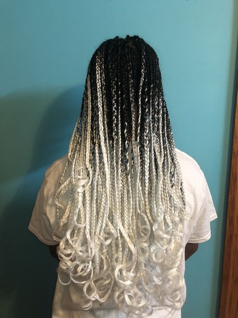 White Curly Braids, Feather Box Braids, Black And White Box Braids Mixed, White And Black Braids Mixed, Black And Platinum Box Braids, Silver Box Braids Black Women, Black And White Goddess Braids, White And Black Box Braids, White Braids Hairstyles