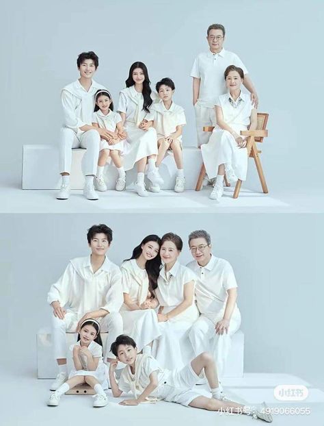 Traditional Family Photoshoot Indian, Family 6 Photoshoot, Family Photo Outfits Studio, White Family Photo Outfits, Korean Family Photoshoot, White Family Photoshoot, Family Studio Photoshoot, Studio Photography Backdrop, Studio Family Portraits