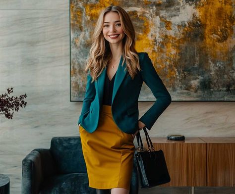 8+ Bold Blazer Outfit Ideas with Teal and Mustard Yellow Touches • 333+ Inspiring Lifestyle Ideas Teal Blazer Outfit, 1990s Outfit Ideas, Mustard Yellow Outfit, Teal And Mustard, Mustard Yellow Skirts, Blazer Outfit Ideas, Inspiring Lifestyle, Yellow Pencil Skirt, Teal Blazer