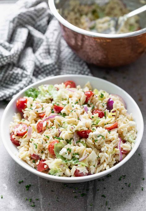 Feta Caesar Pasta Salad - Cooking for Keeps Orzo Creamy, Healthy Caesar Salad, Pasta Casseroles, Creamy Salad, Caesar Pasta Salad, Artichoke Salad, Creamy Pasta Salads, Caesar Pasta, How To Cook Orzo