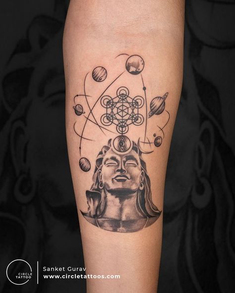 Lord Shiva Tattoos For Men, Hindu Related Tattoos, Mahadev Forearm Tattoo, Tattoo Designs Shiva, Shiv Tandav Stotram Tattoo, Tattoo Ideas Shiva, Shiva Geometric Tattoo, Shiva Related Tattoo Design, Back Shiva Tattoo