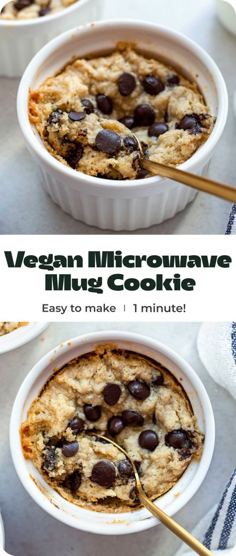 Make this Vegan Mug Cookie in the microwave in less than 5 minutes for a quick and easy dessert! It has crispy edges, and a warm, gooey center, and it's packed with chocolate chips. Just 8 simple ingredients are needed! Vegan Cookie In A Mug, Gluten Free Microwave Cookie, Eggless Mug Cookie, Vegan Microwave Cookie, No Egg Mug Cookie, Healthy Cookie In A Mug, Gluten Free Mug Cookie, Vegan Mug Cookie, Mug Cookie No Egg