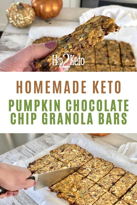 These portable and snackable homemade granola bars are great snacks for school or anytime you need a quick bite. Our pumpkin chocolate chip granola bars are sugar free and keto-friendly. Keto Granola Bar Recipe, Keto Granola Bars, Pumpkin Granola Bars, Granola Bar Recipe, Chocolate Chip Granola, Snackle Box, Pumpkin Granola, Chocolate Chip Granola Bars, Keto Treats