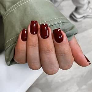 this product is a 24-piece set of wine red press-on nails with a short to medium square shape. They can be applied with adhesive or pressed on and are suitable for the fall and winter seasons. They are reusable and intended for women who desire a stylish and convenient manicure option. Short Coffin Acrylic Nails, Nails Short Medium, Solid Nails, Dark Color Nails, Nails Short Coffin, Coffin Acrylic Nails, Red Gel Nails, Dark Red Nails, Wine Nails