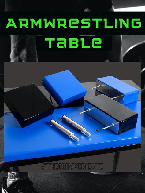 Full steel frame arm wrestling table. The table uses black and blue color scheme, length of the table is 35 inches /95 cm, width is 25 inches /65 cm, and height is 39 inches /100 cm. Armwrestling Training, Arm Wrestling Table, Arm Strength Training, Equipment For Home Gym, Home Gym/office, Arm Strength, Arm Wrestling, Gym Office, Training Tables