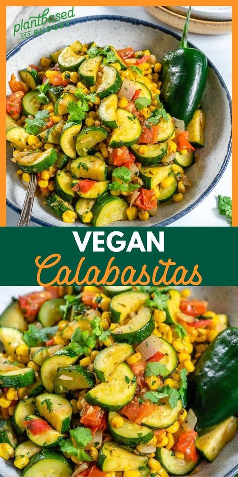 This recipe for Vegan Calabacitas is a Mexican-inspired zucchini dish brimming with vibrant summer veggies like zucchinis, tomatoes, and corn kernels! Sautéed with a trio of aromatic spices, Mexican oregano, cumin, and black pepper, making it delightfully savory and mildly spicy! | Plant-based on a Budget | #plantbasedonabudget #vegansalad #calabasitas #healthyfood #vegetablesalad Healthy Mexican Vegetables, Plant Based Recipes Mexican, Zucchini Plant Based Recipes, Roasted Mexican Veggies, Plant Based Mexican Food, Mexican Zucchini And Corn Recipes, Vegan Squash And Zucchini Recipes, Mexican Style Zucchini, Mexican Veg Recipes