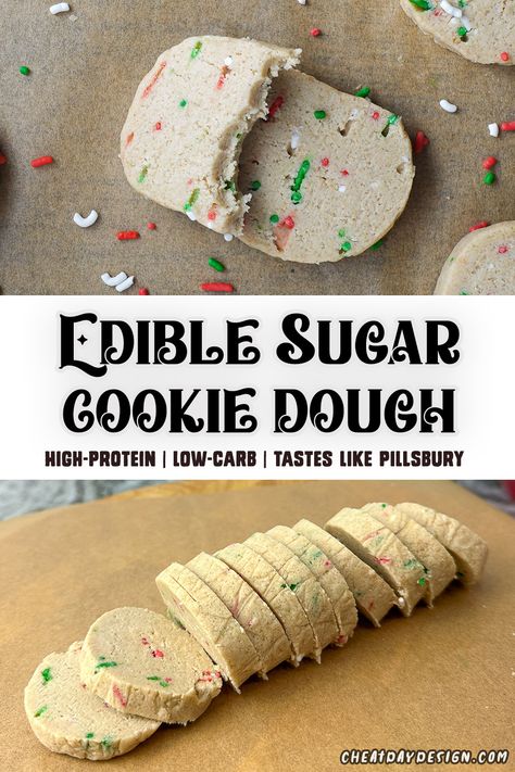 As a kid, one of my favorite treats was making pre-cut Pillsbury cookies and snacking on the raw sugar cookie dough. We're making our own version that tastes JUST like those cookies, but much healthier with fewer calories and more protein. Protein Cookies For Kids, Sugar Cookie Protein Shake, Healthy Crumble Cookies, Sugar Cookie Protein Balls, Sugar Cookie Dough Edible, Cookie Dough With Protein Powder, Edible Cookie Dough Recipe Healthy, Protein Crumble Cookies, Protien Cookie Dough