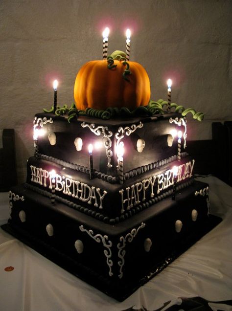 A Halloween 50th birthday party. I LOVED making this cake. The pumpkin was hand shaded using edible chalk. And yes, it's real cake - pumpkin with cream cheese. ;) Adult Halloween Party Ideas, Bolo Halloween, Halloween Themed Birthday Party, Halloween Birthday Cakes, Adult Birthday Cakes, Dollar Store Halloween, 50th Birthday Cake, Adult Halloween Party, Halloween Bash