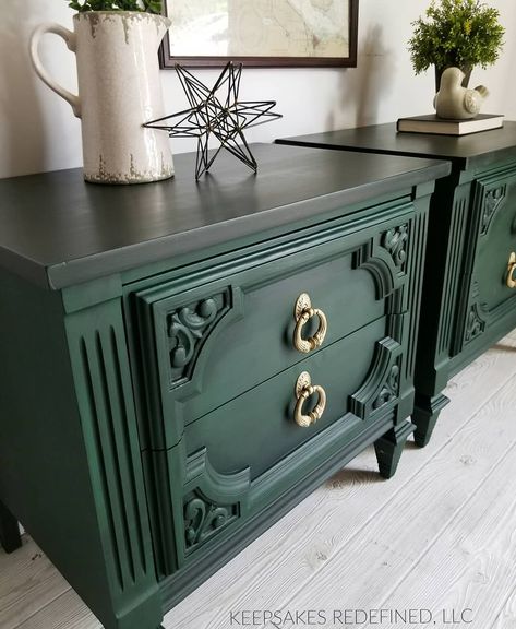 Bold Dresser Makeover, Forest Green Dresser, Annie Sloan Amsterdam Green, Bedroom Nightstand Ideas, Amsterdam Green, Vintage Nightstands, Nightstand Ideas, Green Painted Furniture, Furniture Makeover Inspiration