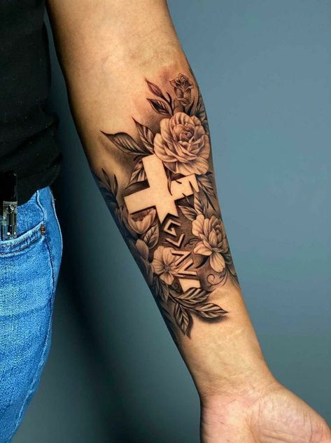 3 Crosses Tattoo Women, Best Forearm Tattoos Women, Inside Lower Arm Tattoos For Women, Mama And Cubs Tattoo, Woman Half Sleeve Tattoo Ideas, Faith Sleeve Tattoos For Women, Christian Cover Up Tattoos For Women, Cross In Flowers Tattoo, Cross With Flowers Tattoo Men