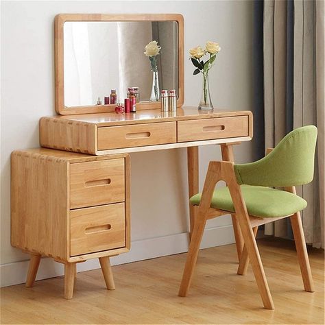 Vanity Furniture Bedroom, Minimalist Bedroom Wood Furniture, Natural Wood Makeup Vanity, Wood Makeup Desk, Vanity Wood Makeup, Wood Bedroom Vanity, Cute Desk Chair Aesthetic, Makeup Table Wood, Mid Century Modern Vanity Makeup