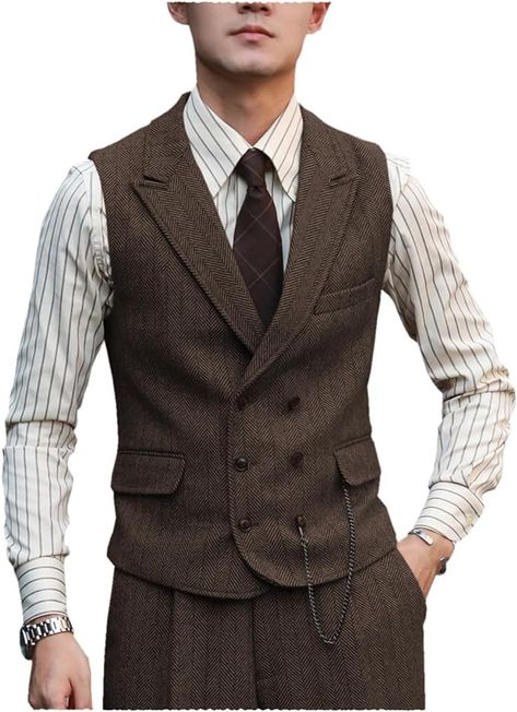 Amazon.com: Zeattall Men Vests Wool Herringbone Tweed Suit Vest Double Breasted Waistcoat : Clothing, Shoes & Jewelry Mens Double Breasted Vest, Vintage Waistcoat Outfit, Neofolk Fashion, Wool Vest Outfit, Portland Winterhawks, Grad Suits, Suit Vest Men, Gilet Outfit, Mens Dress Vests