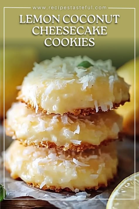 These Lemon Coconut Cheesecake Cookies are a creamy, tropical dream that will brighten your day with their perfect balance of sweetness and zest. The rich cream cheese base is complemented by fresh lemon zest and shredded coconut, creating a light yet indulgent treat. Whether for a special occasion or an everyday snack, these cookies are sure to impress with their delightful tropical flavor. Lemon Coconut Cheesecake, Cheesecake Cookies Recipes, Coconut Cookies Recipes, Coconut Cheesecake, Fudge Bars, Lemon Coconut, Cheesecake Cookies, Coconut Cookies, Recipes Cookies