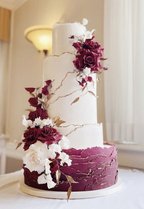 Wedding Cakes With Burgundy Flowers, Wedding Cakes Burgundy And Gold, Wedding Cake Designs Maroon, Burgundy And Grey Wedding Cake, Wedding Cake Maroon And Gold, Burgundy And Dusty Rose Wedding Cake, Wedding Cake Ideas Burgundy, Wedding Cakes With Peonies, Chocolate Frosting Wedding Cake