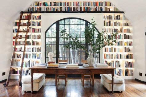 Library Wall, Hollywood Homes, English Tudor, Library Office, Office Library, Tudor House, Reading Nooks, Los Angeles Homes, Arched Windows