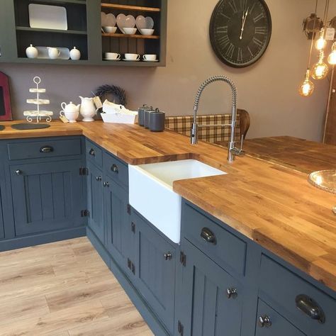 Decorating With Black, Farmhouse Kitchen Diy, Dark Blue Kitchens, Romantic Kitchen, Blue Kitchen Cabinets, Farmhouse Kitchen Cabinets, Remodeling Kitchen, Farmhouse Kitchen Design, Blue Cabinets