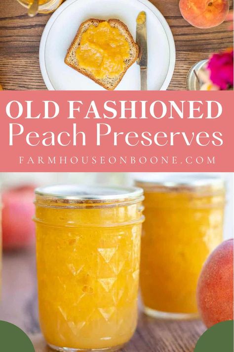 This super simple, three ingredient, homemade peach preserves (aka peach jam) recipe is one of the tastiest ways to enjoy peaches all year round. No pectin needed. #farmhouseonboone #peachpreserves #peachjamrn Peach Jelly Recipe Canning, Peach Jam Recipe No Pectin, Peach Jam Recipe Without Pectin, Can Peaches Recipes, Peach Preserves Recipe, Peach Freezer Jam, Donut Peach, Farmhouse On Boone, Peach Sauce