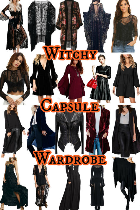 With a combination of flowy chiffons, lustrous velvets, chunky knits, tough leathers, delicate silks, and intricate lace fabrics, it’s a look that is made all the more impactful due to its layers and textures. A little goth, a little bohemian, a little mystical – a witchy wardrobe can be a fun and spooky style to wear year-round, not just in October. If parsing the look down to a capsule-worthy fifteen pieces, these are the witchy essentials. Boho Witch Capsule Wardrobe, Casual Fall Goth Outfits, Chic Witch Aesthetic, Witchy Tea Party Outfits, Plus Size Witch Outfits, Plus Size Witchy Outfits Fall, Witchy Date Night Outfit, Goth Layering Outfits, Cozy Witch Aesthetic Outfits