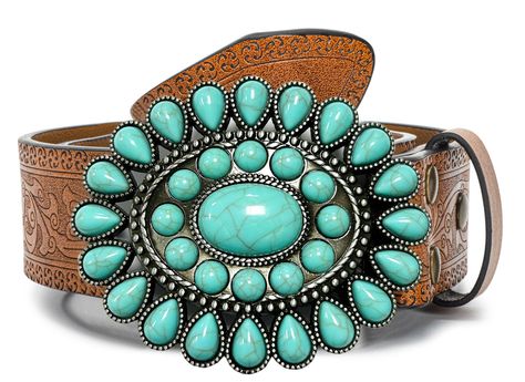 PRICES MAY VARY. Western Leather Belt Women: Embrace the spirit of the Wild West with this cowgirl leather belt, featuring classic Western motifs. Premium Leather: Crafted from high-quality leather, ensuring durability and a rugged yet refined appearance. Turquoise Buckle: Adorned with a bold and turquoise designed buckle, making it a standout piece in any ensemble. Versatile Wardrobe Staple: Perfect for pairing with jeans, skirts, or dresses, effortlessly elevating your Western-inspired look. C Women’s Western Wear, Nashville Fits, Western Belts For Women, Southwestern Clothing, Western Motifs, Country Belts, Western Leather Belt, Leather Belt Women, Native Designs