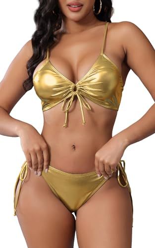 Women's Metallic Tie Front Bikini Swim Bathing Suit - Sexy 2 Piece Swimsuit Set for Rave Outfits 2 Piece Swimsuit, Swimming Bathing Suits, 2 Piece Swimsuits, Swimsuit Set, Swimsuit Cover Ups, Rave Outfits, Swimsuit Cover, Swim Wear, Bathing Suit