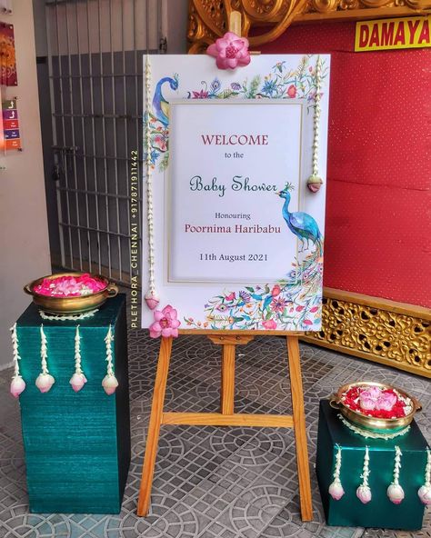 Seemantham Entrance Board, Housewarming Welcome Board Indian, Mehandi Welcome Board, Baby Shower Entry Ideas, Seemantha Decoration, Housewarming Welcome Board, Easel Stand Wedding, Baby Shower Welcome Board, Mehndi Invitation