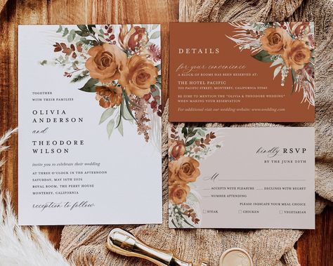 Terracotta Wedding Invitation Template Set Boho Floral - Etsy Australia Rusty Orange Wedding Invitations, Terracotta Boho Wedding Florals, Rustic Wedding Orange, Fall Color Wedding Invitations, Burnt Orange Invitations, Wedding Invitation Burnt Orange, Terracotta And Navy Wedding Invitations, Fall Boho Wedding Invitations, Terracotta Wedding Invitations Templates