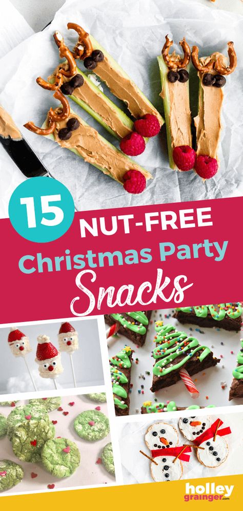 Light up your child's school Christmas party with these adorable nut-free holiday class party snacks, treats and snacktivities. Class Party Snacks, Christmas Party Treats For Kids, Christmas Treats For Kids School, School Party Food, Nut Free Desserts, Healthy Christmas Treats, Christmas Party Snacks, Christmas Party Treats, Healthy Holiday Treats