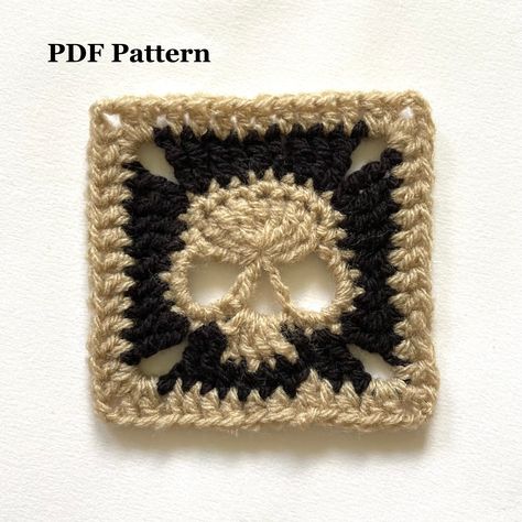 This listing is a PDF file with instructions on making the granny square, NOT the finished product! The pattern is in US crochet terms and suitable for higher beginners/intermediate crocheters. Each step is accompanied by captioned and labeled images for guidance. The squares are great for making bags, pockets, handkerchiefs, etc. If you use light/medium weight yarn, the square will measure approximately 10cm tall and across. Blocking is not necessary but highly recommended. Materials: Up to 3 c One Colour Granny Square Pattern, Skeleton Granny Square Pattern, Japanese Granny Square, Granny Square Items, Bat Granny Square Pattern, Skeleton Granny Square, Weird Granny Squares, Gothic Granny Square, Autumn Granny Squares