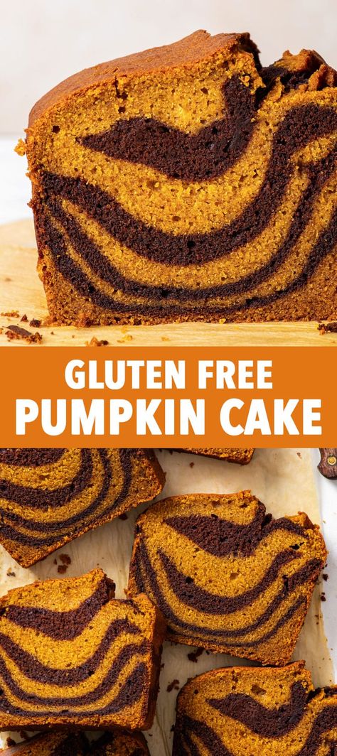 Gluten Free Pumpkin Marble Cake - This pumpkin marble cake is the perfect fall dessert: super easy to make, bursting with flavour and it looks simply stunning. It’s deliciously soft, moist and tender, and it’s packed full of pumpkin puree and warming fall spices. The recipe is absolutely fail-proof, and you don’t even need a stand or a hand mixer to make it! Gluten free cake recipes. Gluten free recipes. Gluten free dessert. Fall baking. Pumpkin bread. Flourless Pumpkin Cake, Pumpkin Marble Cake, Pumpkin Cake Gluten Free, Cake Recipes Gluten Free, Gluten Free Cake Recipes, Gluten Free Pumpkin Cake, The Loopy Whisk, Loopy Whisk, Baking Pumpkin