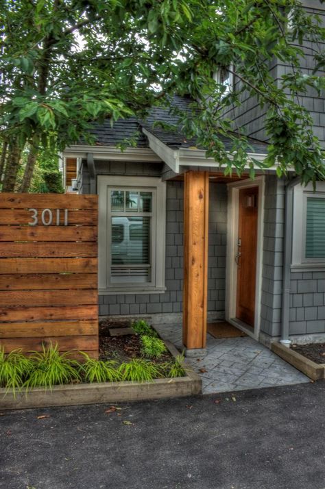 11th & Carnarvon Laneway House - lane entry Mid Century Yard, Cottage Exterior Colors, Laneway House, Gray House, Cottage Exterior, Exterior Color Schemes, Coach House, Exterior Stone, Natural Home Decor