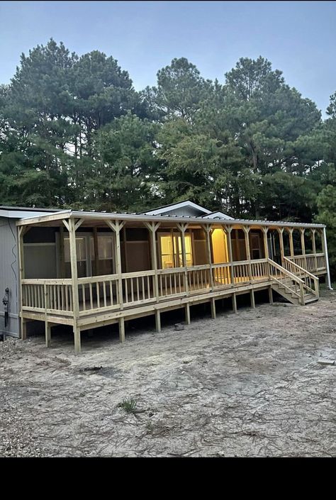 Covered Front Porch Manufactured Home, Decks For Double Wide Mobile Homes, Back Porch For Mobile Home, Porch On Single Wide Trailer, Mobile Home Deck With Ramp, Double Wide Curb Appeal, Mobile Home Patio Ideas Outdoor Spaces, Mobile Home Screened In Porch, Manufactured Home Exterior Colors