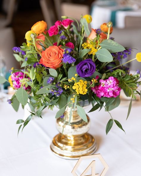 Weddings 2025, Colorful Wedding Centerpieces, Rainbow Centerpiece, Summer Wedding Centerpieces, Blue Purple Wedding, Colorful Summer Wedding, Colorful Centerpieces, Pink And Yellow Flowers, Colorful Wedding Flowers