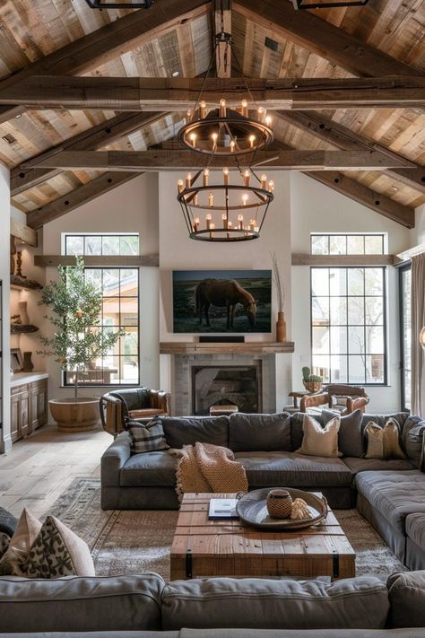 15 Stylish Modern Farmhouse Living Rooms - The Unlikely Hostess Modern Farmhouse Style Living Room, Great Room Addition, Farmhouse Living Rooms, Maquette Architecture, Mountain Home Interiors, Vaulted Ceiling Living Room, Cabin Living Room, Modern Rustic Living Room, Modern Farmhouse Living