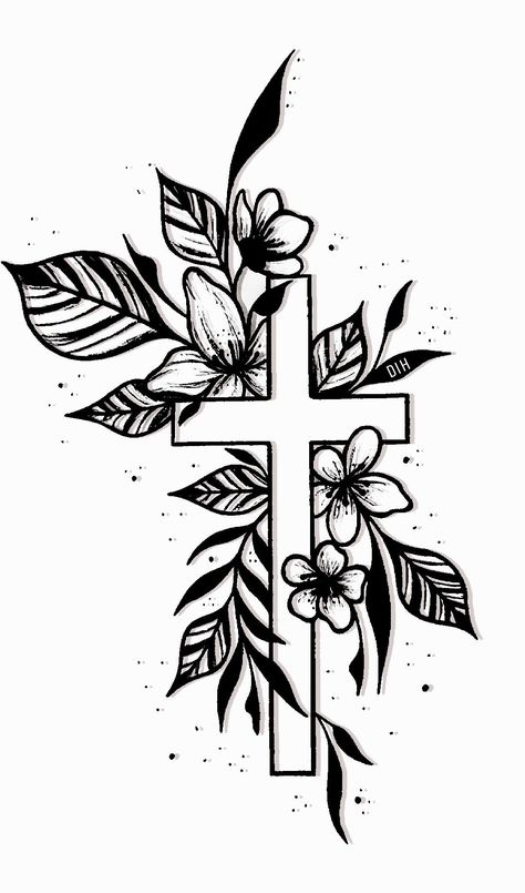 Family Tree Tattoo Stencil, Cross And Flowers Drawing, Tattoo Stencils Outline For Women Arm, Christian Flash Tattoo, Female Cross Tattoos, Cross With Flowers Drawing, Christ Tattoo Women, Flower Memorial Tattoo, Feminine Cross Tattoos For Women