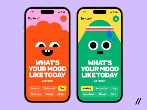 The Mood Tracker Mobile iOS app helps users track and manage their emotions on-the-go, providing insights on their mental well-being. #emotiontracking #mentalhealth #wellness #mindfulness #selfcare Mobile Game Ads Design, Wellness App Design, Ui Design Trends 2024, Game Ux Design, Mobile App Ads, Game App Ui, Game Interface Design, Game App Design, App Character