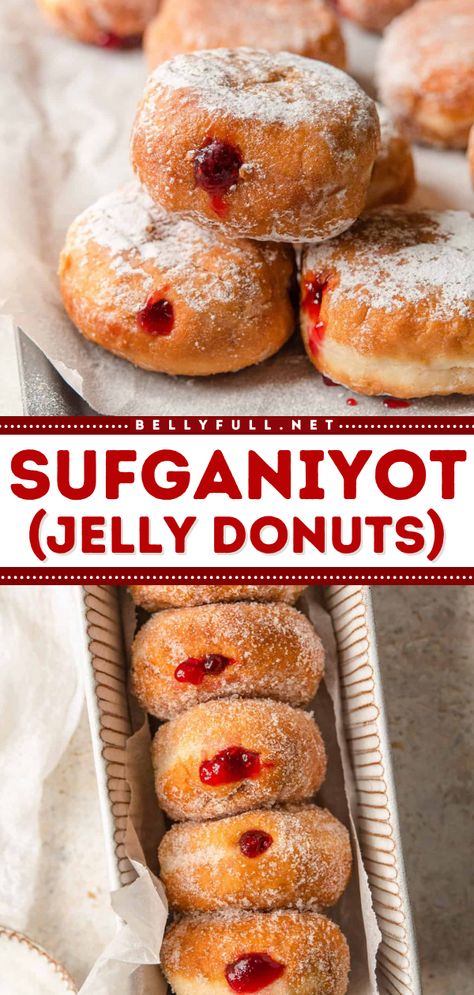 Your Jewish food won't be complete without these jelly-filled donuts! They're a simple Hanukkah dessert. Deep-fried then dusted in sugar, these homemade jelly donuts are irresistible! Save this Sufganiyof recipe! Sufganiyot Recipe Easy, Jelly Donuts Recipe, Jewish Dishes, Jewish Desserts, Jelly Donuts, Hanukkah Dinner, Jelly Doughnuts, Doughnut Recipes, Hanukkah Recipes