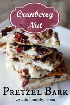 Cranberry Nut Pretzel Bark is an addictive and easy to make candy treat. This recipe is perfect for gift-giving at Christmas or any time of the year. Pie Cups, Pretzel Bark, Christmas Candy Recipes, Bark Recipe, Cranberry Recipes, Homemade Candies, Holiday Cooking, Holiday Baking, Candy Recipes