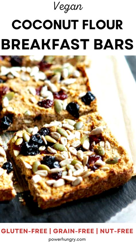 Coconut Flour Bars, Coconut Flour Breakfast Recipes, Vegan Coconut Flour Recipes, Grain Free Vegan Recipes, Nut Free Breakfast Bars, Nut Free Breakfast, Nightshade Free Recipes, Grain Free Breakfast, Baking With Coconut Flour