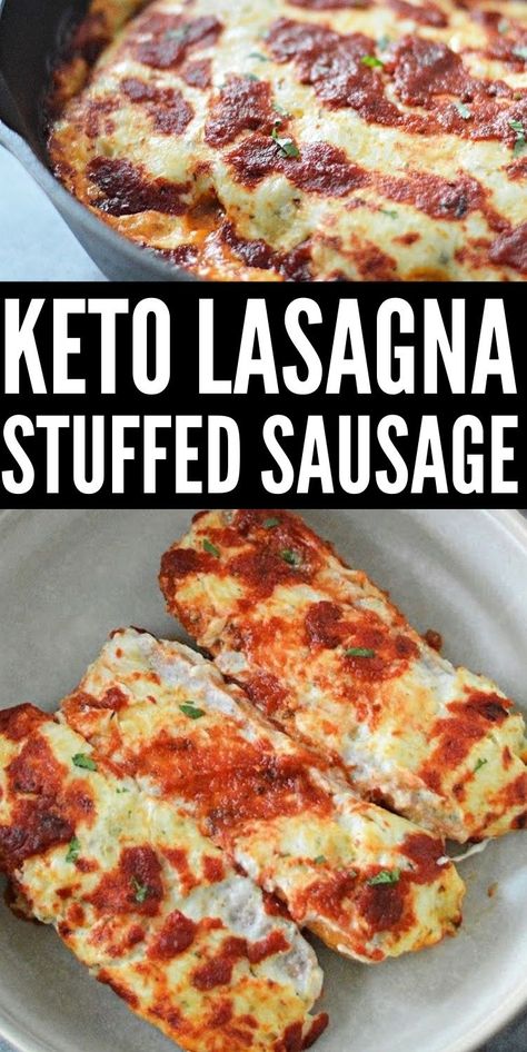 Keto Lasagna Stuffed Sausage - Think beyond pasta and make keto lasagna stuffed sausage. It’s a savory, spicy, and extra cheesy dinner that fills you up. #keto #ketorecipes #ketodiet #ketolasagna #lasagnastuffedsausage #lasagna #dinnerideas #healthyrecipes #cleaneating #food #recipes No Carb Sausage Recipes, Keto Lasagna Casserole, Keto Dinner Recipes Italian, Keto Recipes With Italian Sausage, Keto Stuffed Sausage, Keto Brats Recipes, Easy Bariatric Dinner Recipes, Keto Stuffed Shells, Unique Keto Recipes