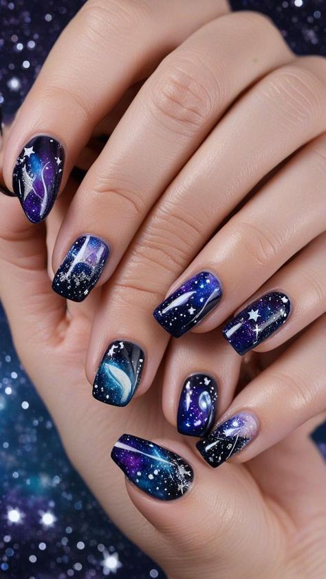 #beauty #love #beautiful #fashion #makeup #instagood #photography #style #model #photooftheday #like #instagram #skincare #art #follow #cute #girl #nature #photo #picoftheday #happy #smile #bhfyp #life #hair #me #selfie #makeupartist #myself #instadaily Starry Night Nails, Night Nails, Small Stars, Ethereal Aesthetic, A Starry Night, White Colors, Metallic Accents, Nail Art Design, Beauty Nails