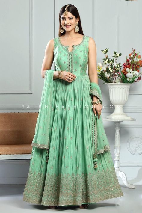 Light Green Indian Designer Outfit With Elegant Work | Palkhi Fashion Anarkali Dress Indian, Bridal Anarkali Suits, Palkhi Fashion, Indian Designer Clothes, Indian Dresses Online, Party Wear Gowns, Designer Anarkali Dresses, Fashion Usa, Designer Outfit