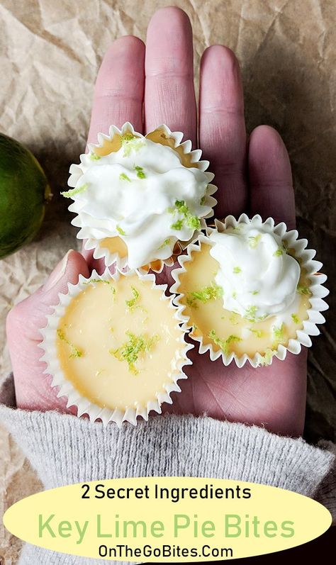 These cute mini key lime pie bites are a tangy dessert recipe.  Made with a graham cracker crust and a few simple ingredients.  Ready in under 30 minutes.  Use bottled key lime juice or fresh squeezed limes, sweetened condensed milk and eggs plus 2 secret ingredients that will bring this key lime pie recipe over the top.  OnTheGoBites.Com #summerdesserts #keylimepie Key Lime Pie Bites Mini, Recipes Using Key Lime Juice, Mini Key Lime Pie Bites, Key Lime Juice Recipes, Key Lime Bites, Mini Key Lime Pie, Key Lime Pie Bites, Lime Juice Recipes, Key Lime Recipes