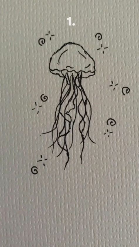 Fish Doodle Drawing, Jelly Fish Doodle Easy, Easy Marine Life Drawing, Draw Jellyfish Easy, Cute Jelly Fish Drawing, Jelly Fish Art Drawing, Cute Jellyfish Drawing Easy, Mini Doodles Drawing Aesthetic, Jelly Fish Drawing Sketches Easy