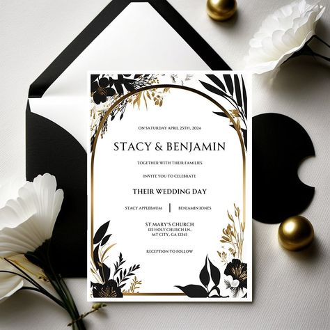 "🖤 Elegant Black & Gold Wedding Invitation - Modern Luxury Defined 🖤 Size: 5\" x 7\" Theme: Sophisticated black and gold elegance Features: Printable instant download, 300 DPI resolution, fully editable text and colors Best for: Couples celebrating in grand style, seeking a wedding invitation that exudes modern luxury and sophistication. Invite your guests to witness your union in the most elegant way with our Elegant Black & Gold Wedding Invitation template. This design blends modern luxury with timeless sophistication, featuring rich black tones paired with lavish gold accents. It's a perfect choice for couples aiming to set a tone of opulence and style for their celebration. 🖤 Why Choose Our Elegant Wedding Invitation? 🖤 Opulent Design: A luxurious black and gold theme that speaks v Black White And Gold Invitations, Black White And Gold Wedding Invitations, Black White Gold Wedding Theme, Black And Gold Wedding Theme, Black And Gold Wedding Invitations, Black And Gold Invitations, Design Wedding Invitation, Black Wedding Invitation, Black And Gold Theme