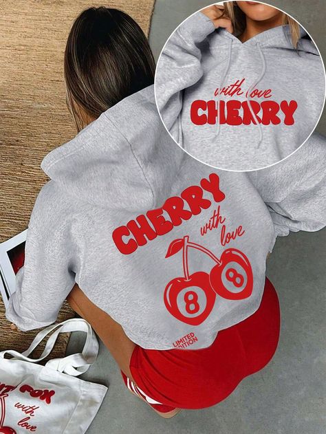 Plus Size Women's Casual Cherry & Letter Number 8 Printed Hooded Sweatshirt Light Grey Casual  Long Sleeve Knitted Fabric Letter Pullovers Slight Stretch Winter,Fall/Winter Women Plus Clothing, size features are:Bust: ,Length: ,Sleeve Length: Cherry Hoodie, White Fox Hoodie, Fox Hoodie, Letter Print Hoodie, Girls Fleece, White Fox, Girl Sweatshirts, Kids Sleepwear