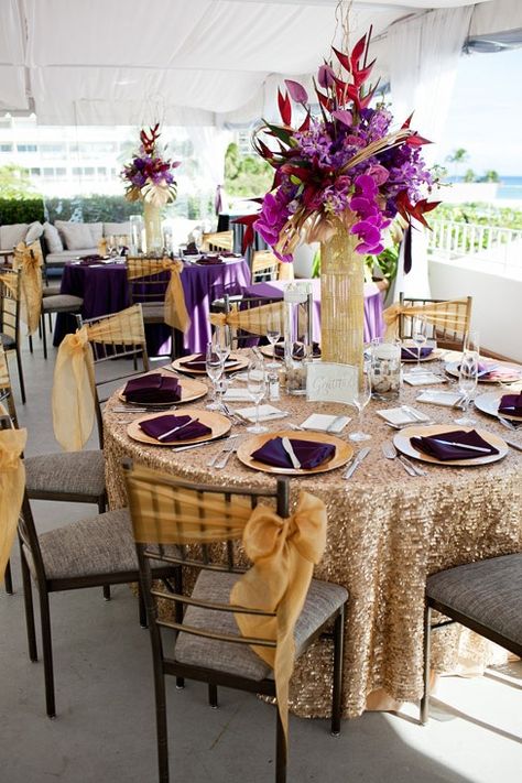 Purple & gold table setting at the Sun Suite & Terrace // Photo By: Megan Ann Photography Champagne Gold And Purple Wedding, Purple And Gold 40th Birthday Party, Purple And Gold Dinner Party, Purple And Gold Table Decor, Purple And Gold Table Setting, Purple And Gold Centerpieces, Terrace Photo, Pink Table Settings, Gold Table Decor