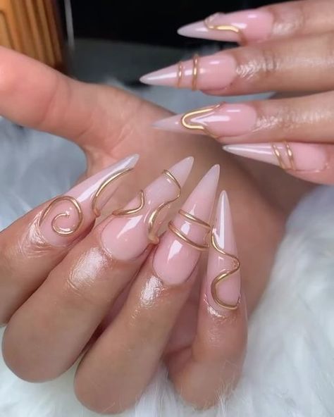 The Nail Connection on Instagram: "Gold Rings ✨✨✨  📸: @miracleonnails   Follow @thenailconnection for more nail inspo 💅🏽✨  #goldchrome #goldchromenails #nails #naildesign #nailinspiration #nailtech #nails2inspire #nailinspo #longnails #goldnails #almondnails #nudenails #nailshapes #naileditdaily #nailsdaily #valentinesnails #nailtrends #nailfie #nailsnailsnails #thenailconnection #thenailconnectionxo" Meg The Stallion Nails, Nails With Angels, Almond Point Nails, French Tips Nails With Design, Neutral Nails With Design, Almond Nails Black Women, Ring Finger Nail Art, Almond Nails Classy, Bare Nails