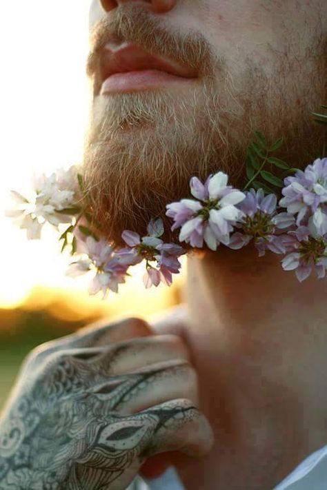 Man With Flowers, Flower Beard, Beard Tattoo, Beard No Mustache, How To Pose, Morning Light, Flower Child, White Photography, A Flower