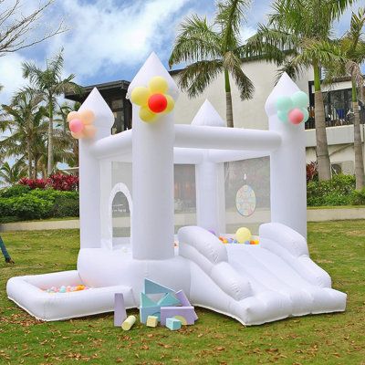 White Bounce House With Ball Pit, Ball Pit With Slide, Kids Water Slide, Kids Party Rentals, White Bounce House, Jump House, Bounce House With Slide, Flower Birthday Party, House Slide