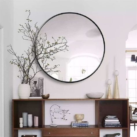 Large Circle Mirror, Round Bathroom Mirror, Large Round Mirror, Round Bathroom, Entryway Wall Decor, Circle Mirror, Metal Frame Mirror, Entryway Wall, Artificial Light